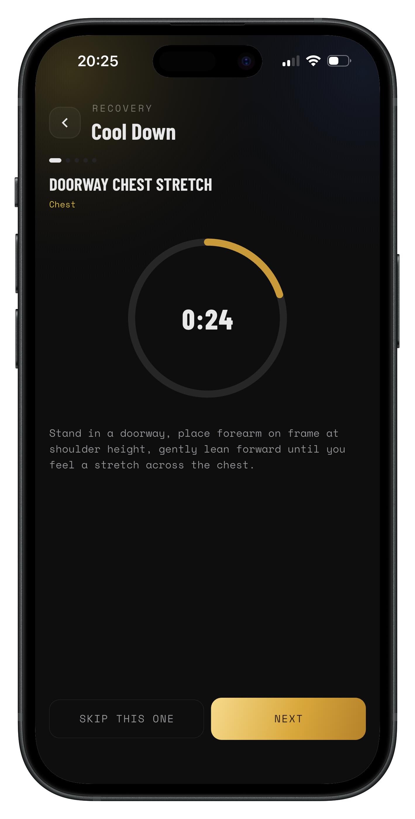 MIKAVO cool-down stretch screen with a timed hold and skip/next controls