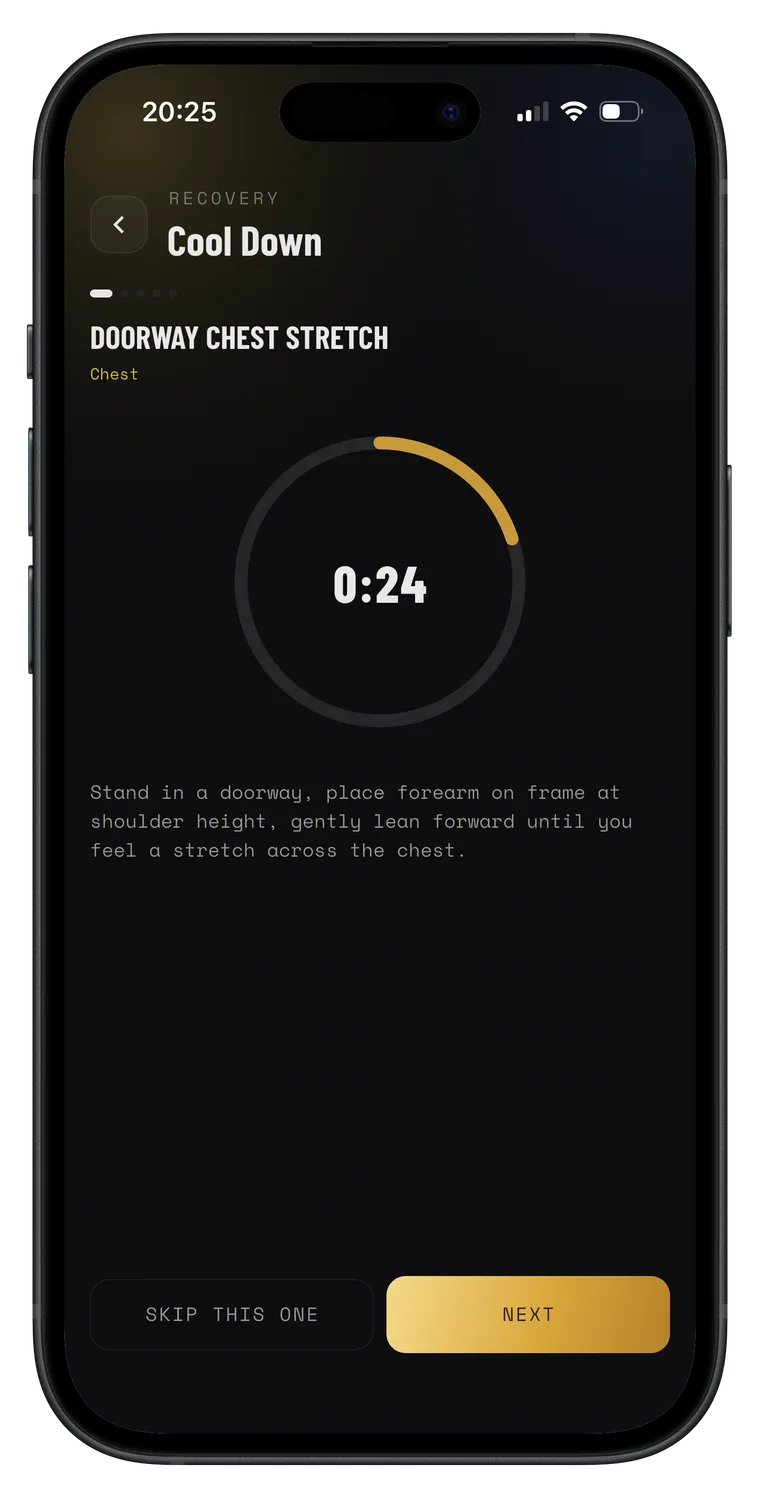 MIKAVO cool-down stretch screen with a timed hold and skip/next controls