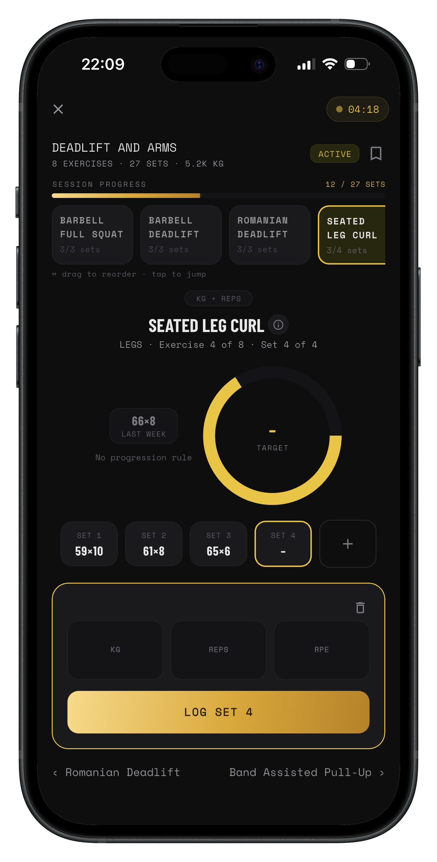 MIKAVO active workout session showing exercises and set progress
