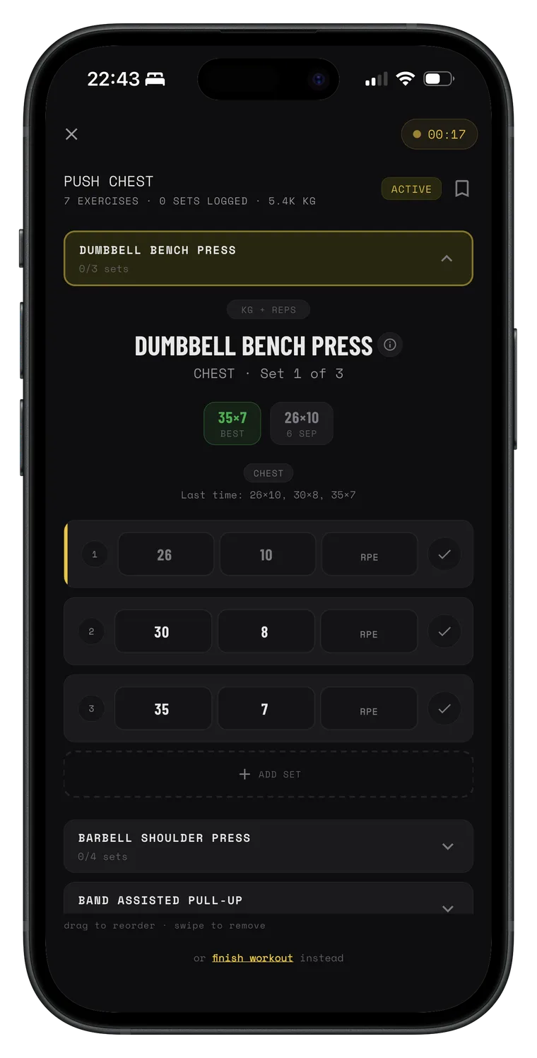 MIKAVO active workout session showing exercises and set progress