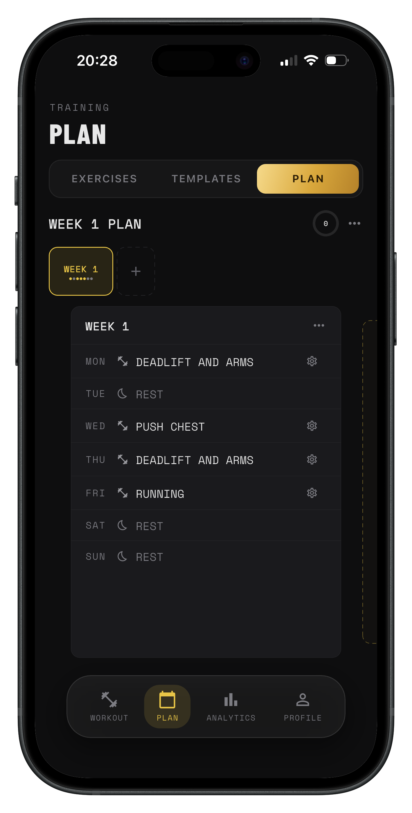 MIKAVO training plan screen showing weekly schedule and progress