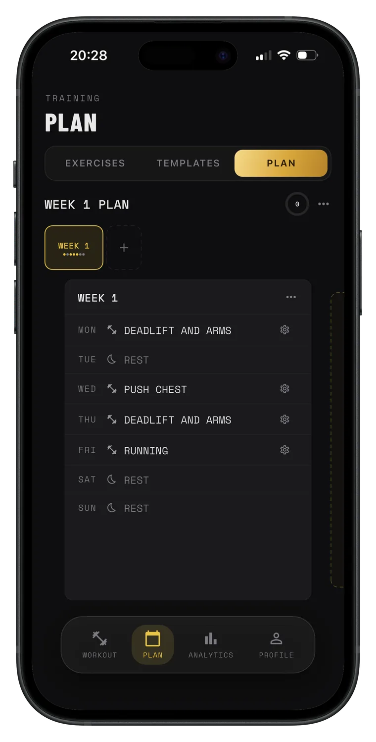MIKAVO training plan screen showing weekly schedule and progress