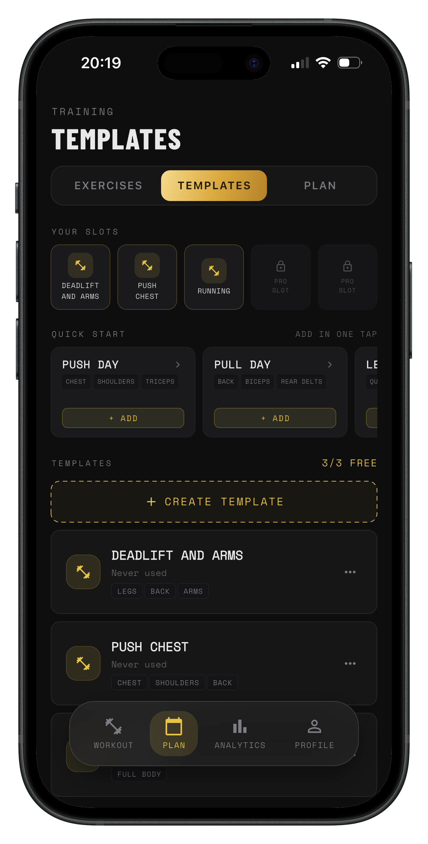MIKAVO templates screen showing saved workout templates