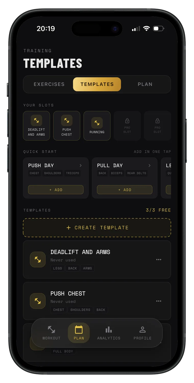 MIKAVO templates screen showing saved workout templates